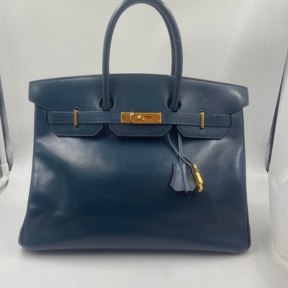 Rare Hermes Birkin 35 Navy Box Leather